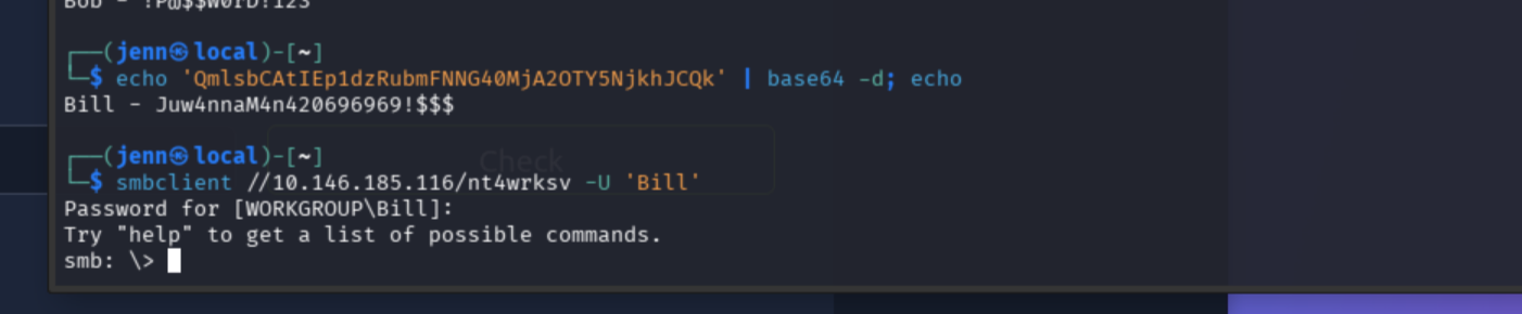 Authenticated smbclient session as Bill connecting to nt4wrksv